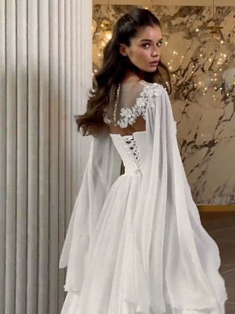 ウェディングラップ アイボリー ロングスリーブ イリュージョンネックライン スリットスリーブ ショール シフォン レース ブライダルカバーアップ