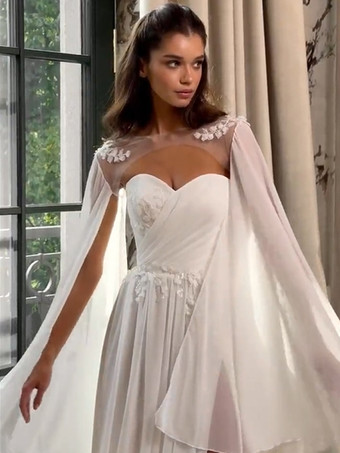 ウェディングラップ アイボリー ロングスリーブ イリュージョンネックライン スリットスリーブ ショール シフォン レース ブライダルカバーアップ