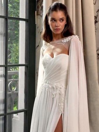 ホワイトウェディングラップ アイボリー ロングスリーブ イリュージョンネックライン スリットスリーブ ショール シフォン レース ブライダルカバーアップ