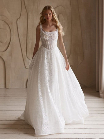 アイボリーヴィンテージウェディングドレス、Aライン、ノースリーブ、レースデザイン、ネックライン、ブライダルガウン