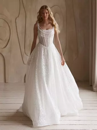 vintage lace a line wedding dresses Vintage Lace Illustion Neckline Corset Back A Line Tulle Wedding Dress AWD1773