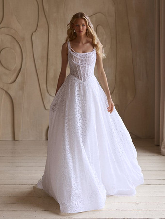 ホワイトヴィンテージウェディングドレス、Aライン、ノースリーブ、レースデザイン、ネックライン、ブライダルガウン