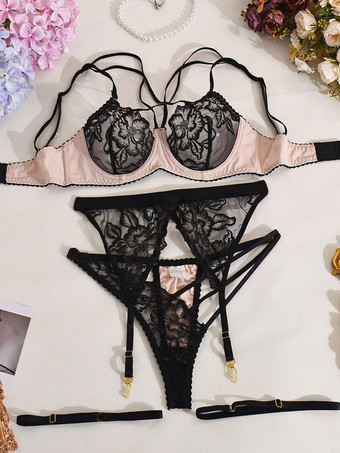 ツートン刺繍ランジェリー シースルーレース ブラック ブラ パンティ ガーター 4点セット