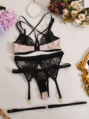 ツートン刺繍ランジェリー シースルーレース ブラック ブラ パンティ ガーター 4点セット
