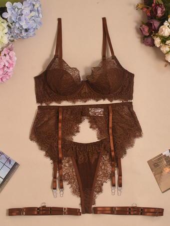 4点ランジェリーセット シースルーレース コーヒーブラウン ブラ＆パンティ＆ガーターセット
