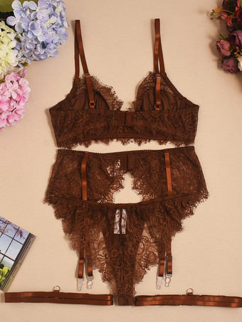 4点ランジェリーセット シースルーレース コーヒーブラウン ブラ＆パンティ＆ガーターセット