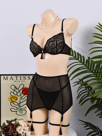 4点ランジェリーセット 刺繍 シースルーレース ブラック ブラ＆ショーツセット