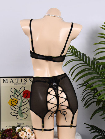 4点ランジェリーセット 刺繍 シースルーレース ブラック ブラ＆ショーツセット