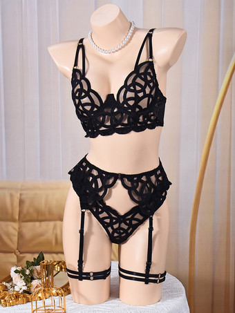 4-teiliges Dessous-Set aus transparenter Spitze bestehend aus schwarzem BH Höschen und Strumpfhaltern