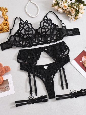 4-teiliges Dessous-Set aus transparenter Spitze bestehend aus schwarzem BH Höschen und Strumpfhaltern