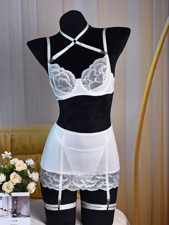 花嫁下着 ブライダル4点セット メッシュ シースルーランジェリー レース ホワイト ブラ パンティ スカート ガーターセット