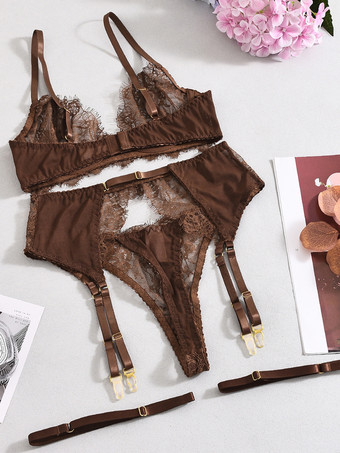 レース シアー ランジェリー コーヒーブラウン ブラ パンティ ガーター 4点セット