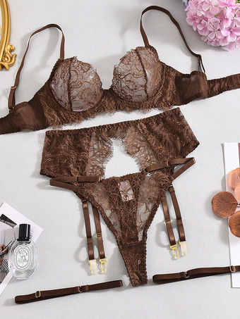 レース シアー ランジェリー コーヒーブラウン ブラ パンティ ガーター 4点セット