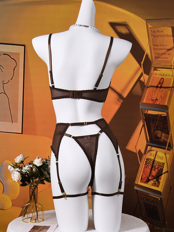 レース シアー ランジェリー コーヒーブラウン ブラ パンティ ガーター 4点セット