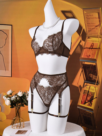 レース シアー ランジェリー コーヒーブラウン ブラ パンティ ガーター 4点セット