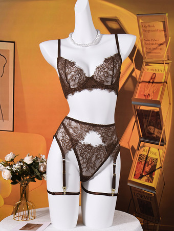 レース シアー ランジェリー コーヒーブラウン ブラ パンティ ガーター 4点セット