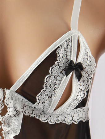 クロッチレス ベビードール ランジェリー ブラック レース ツートン 透け感 ポリエステル セクシー スリープウェア 2ピースセット