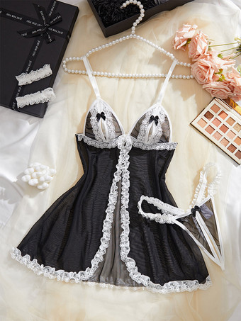 クロッチレス ベビードール ランジェリー ブラック レース ツートン 透け感 ポリエステル セクシー スリープウェア 2ピースセット