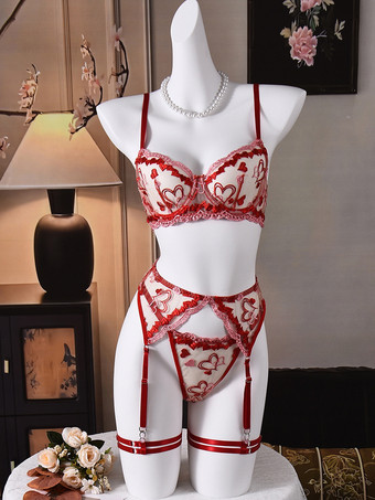 シースルーランジェリー ハート刺繍レース レッド ブラ＆パンティ 4点セット