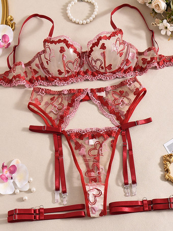 シースルーランジェリー ハート刺繍レース レッド ブラ＆パンティ 4点セット