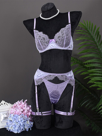 4ピース シースルーランジェリー レース ラベンダー ブラ パンティ ガーターセット