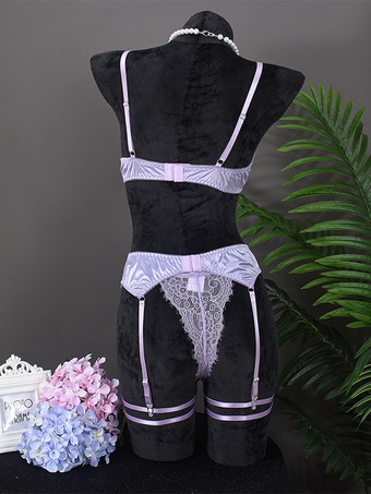 4ピース シースルーランジェリー レース ラベンダー ブラ パンティ ガーターセット