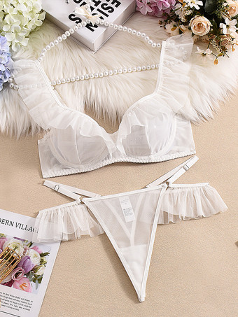 ブライダルランジェリー 2ピース フリルレース ホワイト ブラ＆ショーツセット