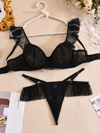 ブラック ブライダルランジェリー 2ピース フリルレース ホワイト ブラ＆ショーツセット