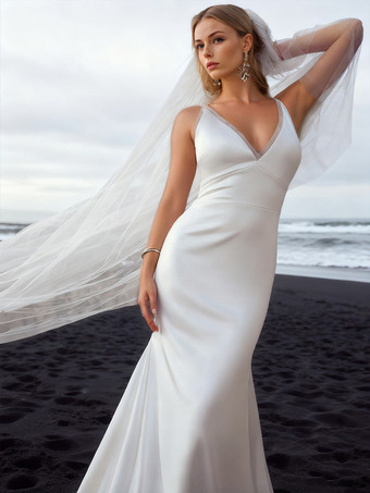 De Estilo Vintage Vestidos de Boda de Playa Vestidos de novia vintage Tejido de satén sin mangas con cuello en V con vestido de novia de tren