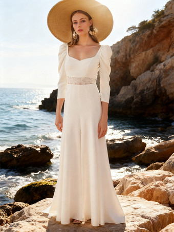 De Estilo Vintage Vestidos de Boda de Playa Vestidos de novia vintage 2025 con tren Cuello cuadrado Mangas 3/4 Vestidos de novia de satén de encaje