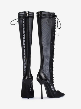 レディースニーハイブーツ メッシュ ポインテッドトゥ レースアップ ハイヒール サンダルブーツ
