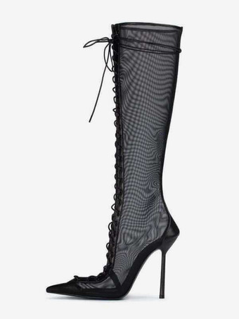 レディースニーハイブーツ メッシュ ポインテッドトゥ レースアップ ハイヒール サンダルブーツ