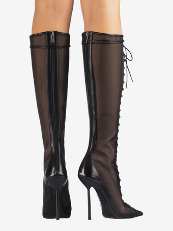 レディースニーハイブーツ メッシュ ポインテッドトゥ レースアップ ハイヒール サンダルブーツ