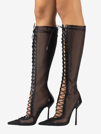 ブラック レディースニーハイブーツ メッシュ ポインテッドトゥ レースアップ ハイヒール サンダルブーツ