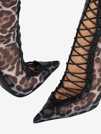 レディースニーハイブーツ メッシュ ポインテッドトゥ レースアップ ハイヒール サンダルブーツ