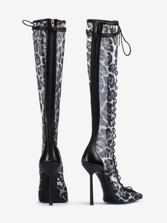 レディースニーハイブーツ メッシュ ポインテッドトゥ レースアップ ハイヒール サンダルブーツ