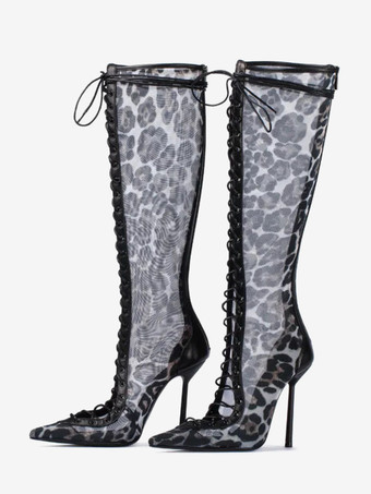 レディースニーハイブーツ メッシュ ポインテッドトゥ レースアップ ハイヒール サンダルブーツ