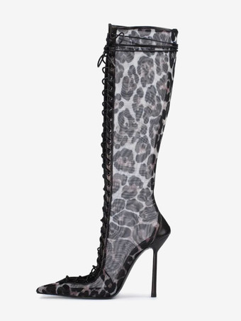 レディースニーハイブーツ メッシュ ポインテッドトゥ レースアップ ハイヒール サンダルブーツ