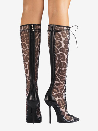 レディースニーハイブーツ メッシュ ポインテッドトゥ レースアップ ハイヒール サンダルブーツ