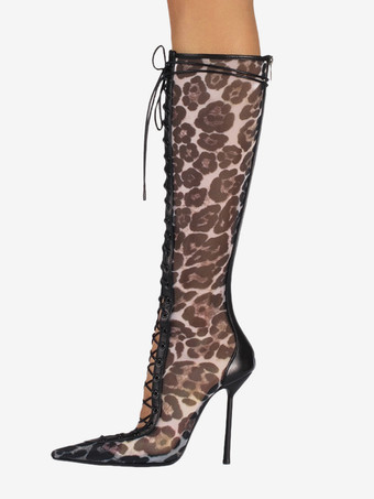 レディースニーハイブーツ メッシュ ポインテッドトゥ レースアップ ハイヒール サンダルブーツ