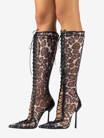 ヒョウ柄レディースニーハイブーツ メッシュ ポインテッドトゥ レースアップ ハイヒール サンダルブーツ