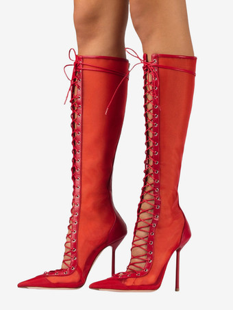 レッド レディースニーハイブーツ メッシュ ポインテッドトゥ レースアップ ハイヒール サンダルブーツ