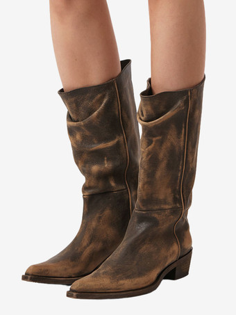 ブラウン ブラックフラットブーツ ポインテッドトゥ ルーシュ ミドルカーフブーツ