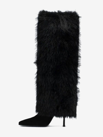 バーガンディニーハイブーツ レディース ポインテッドトゥ ファックスファー ハイヒールブーツ