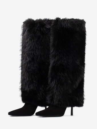 ブラック バーガンディニーハイブーツ レディース ポインテッドトゥ ファックスファー ハイヒールブーツ