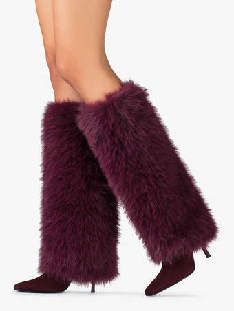 バーガンディニーハイブーツ レディース ポインテッドトゥ ファックスファー ハイヒールブーツ