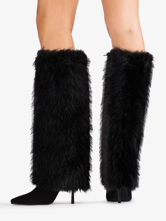 バーガンディニーハイブーツ レディース ポインテッドトゥ ファックスファー ハイヒールブーツ