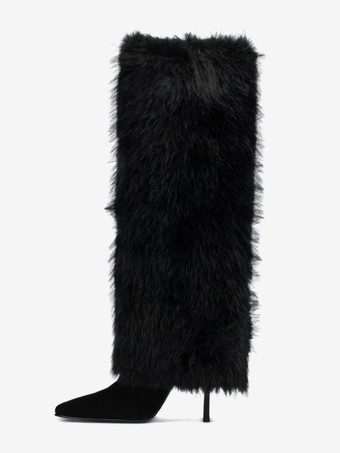 バーガンディニーハイブーツ レディース ポインテッドトゥ ファックスファー ハイヒールブーツ