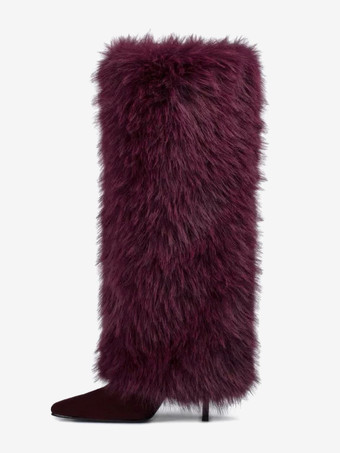 バーガンディニーハイブーツ レディース ポインテッドトゥ ファックスファー ハイヒールブーツ
