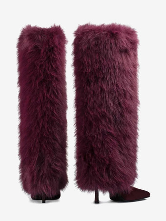 バーガンディニーハイブーツ レディース ポインテッドトゥ ファックスファー ハイヒールブーツ